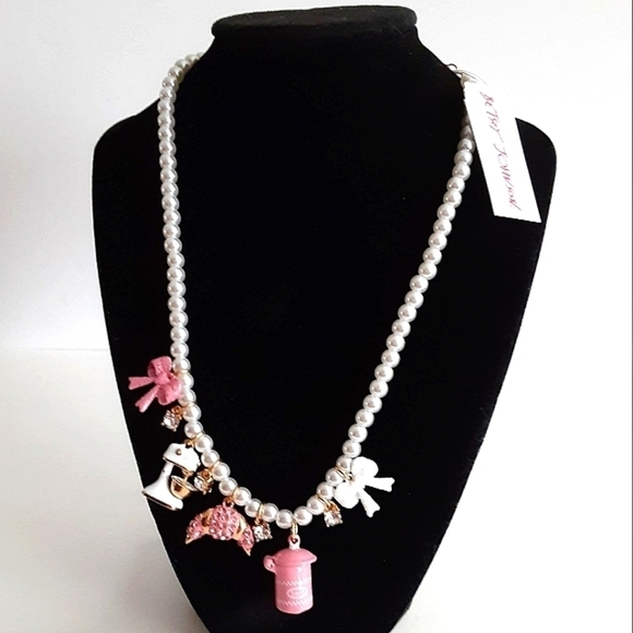 𝅺Betsey Johnson Baby Cakes Charm Necklace Croissant Bows Mixer Pink New - Picture 1 of 4